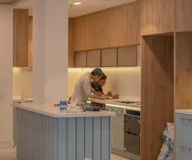 Worktops going in on a kitchen fit